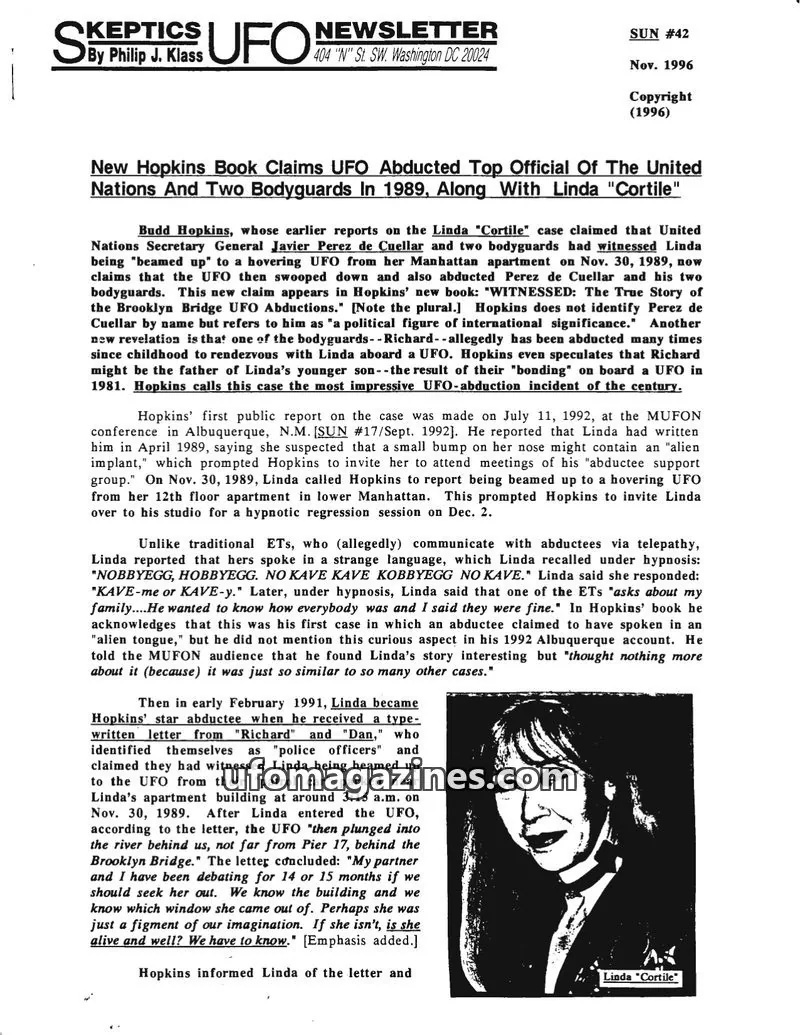 Cover of Skeptic UFO Newsletter (SUN, Philip Klass) issue SUN #42: Skeptics UFO Newsletter