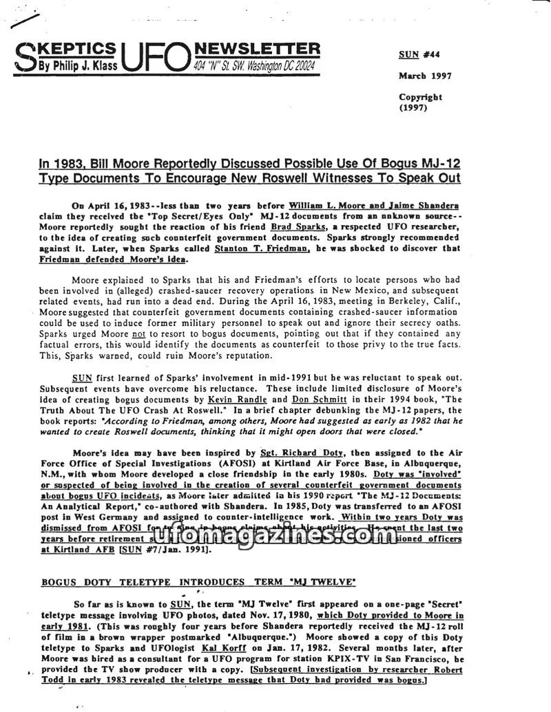 Cover of Skeptic UFO Newsletter (SUN, Philip Klass) issue #44: Skeptics UFO Newsletter