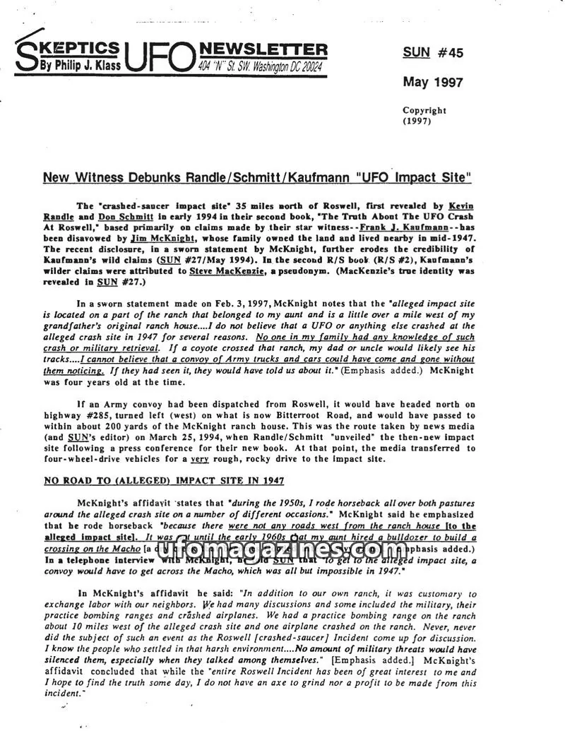 Cover of Skeptic UFO Newsletter (SUN, Philip Klass) issue SUN #45: Skeptics UFO Newsletter