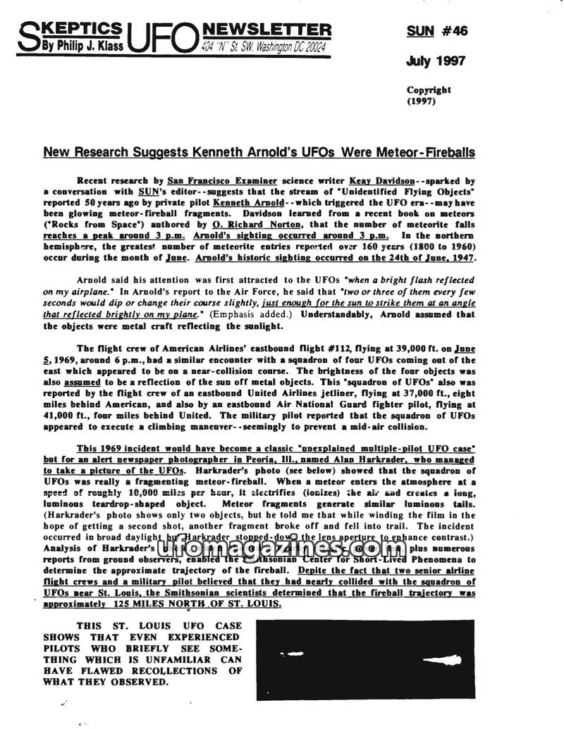 Cover of Skeptic UFO Newsletter (SUN, Philip Klass) issue #46: Skeptics UFO Newsletter