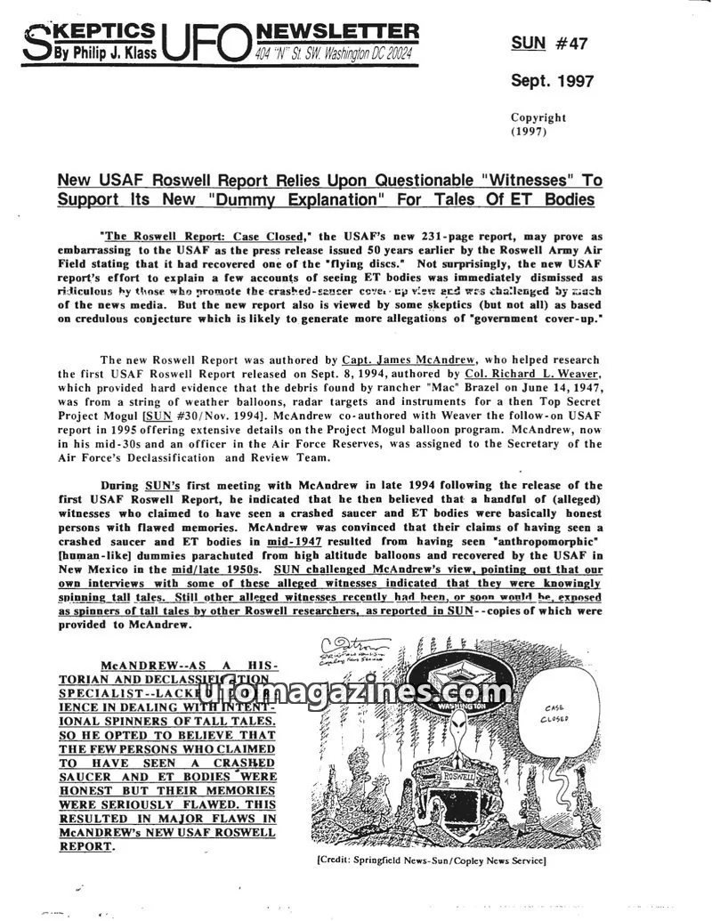 Cover of Skeptic UFO Newsletter (SUN, Philip Klass) issue #47: Skeptics UFO Newsletter