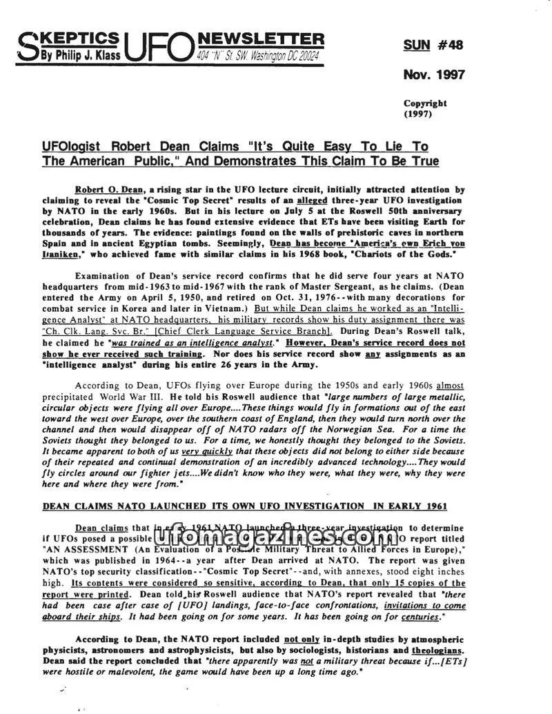 Cover of Skeptic UFO Newsletter (SUN, Philip Klass) issue 48: Skeptics UFO Newsletter