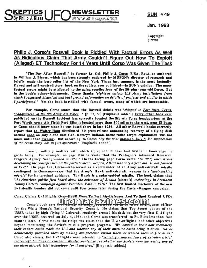 Cover of Skeptic UFO Newsletter (SUN, Philip Klass) issue #49: SKEPTICS UFO NEWSLETTER