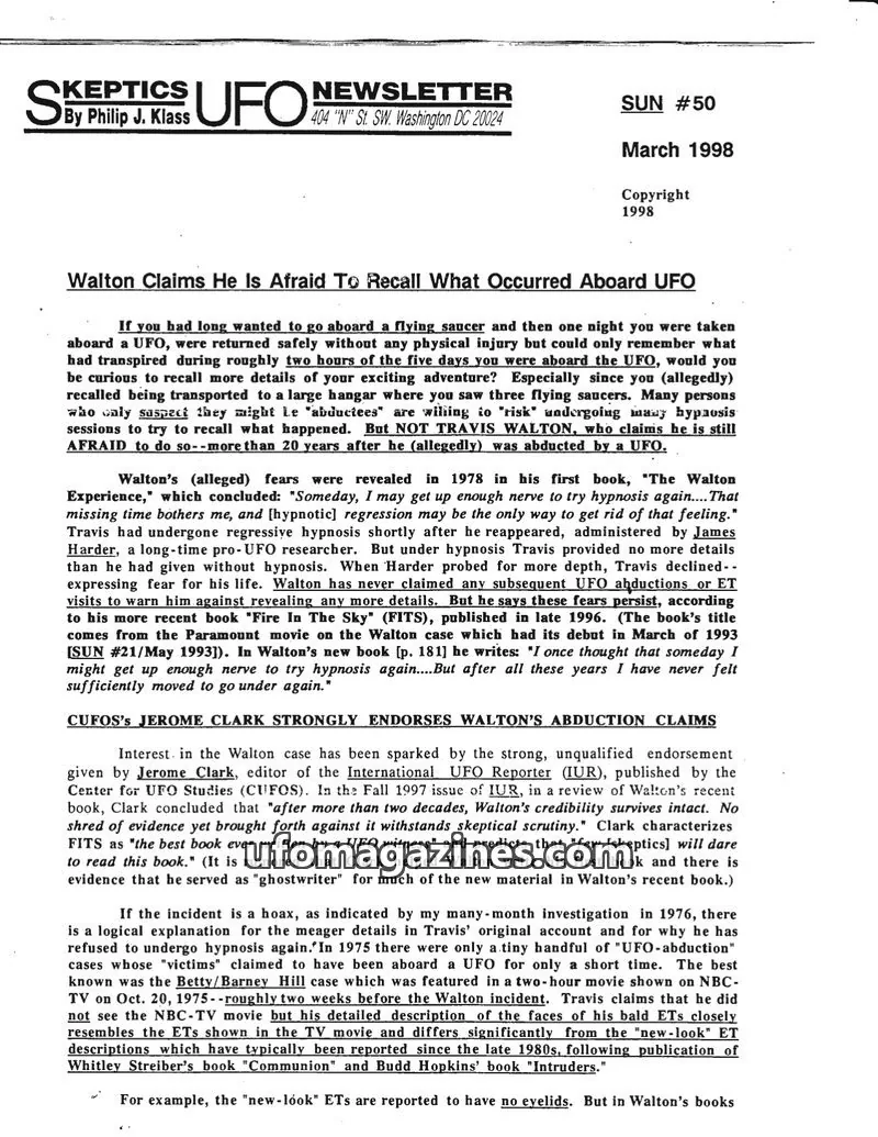 Cover of Skeptic UFO Newsletter (SUN, Philip Klass) issue SUN #50: Skeptics UFO Newsletter