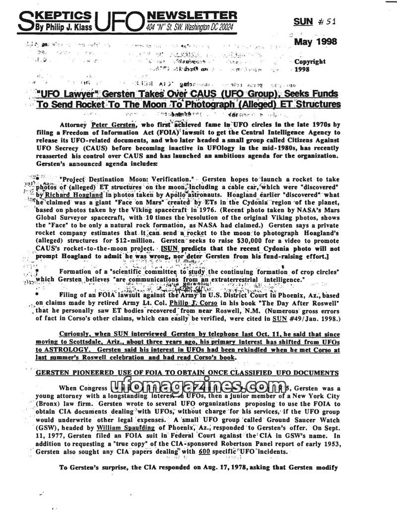 Cover of Skeptic UFO Newsletter (SUN, Philip Klass) issue 51: Skeptics UFO Newsletter