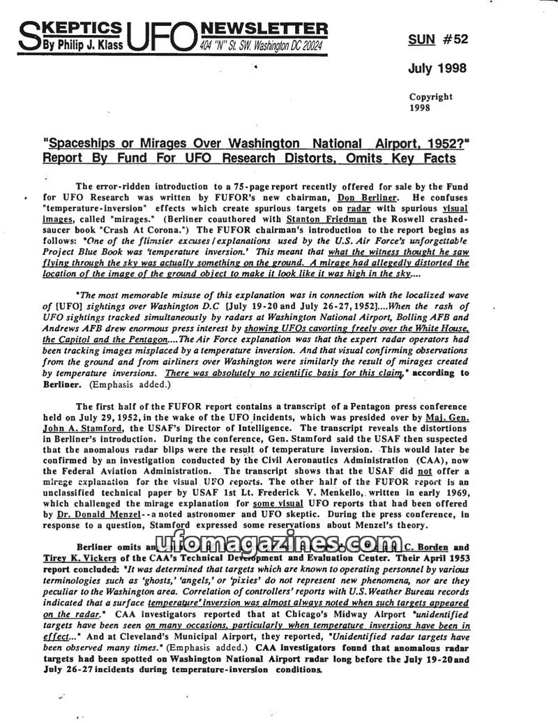 Cover of Skeptic UFO Newsletter (SUN, Philip Klass) issue 52: Skeptics UFO Newsletter