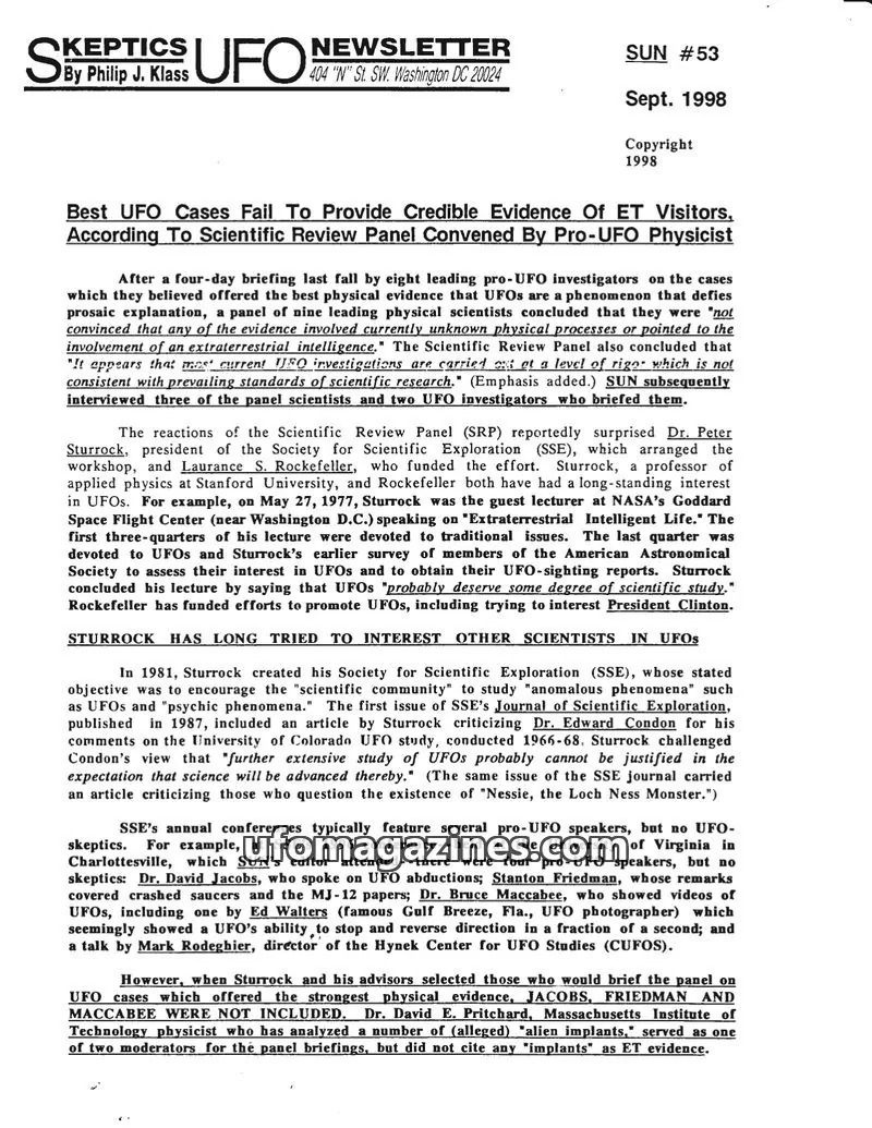 Cover of Skeptic UFO Newsletter (SUN, Philip Klass) issue #53: Skeptics UFO Newsletter