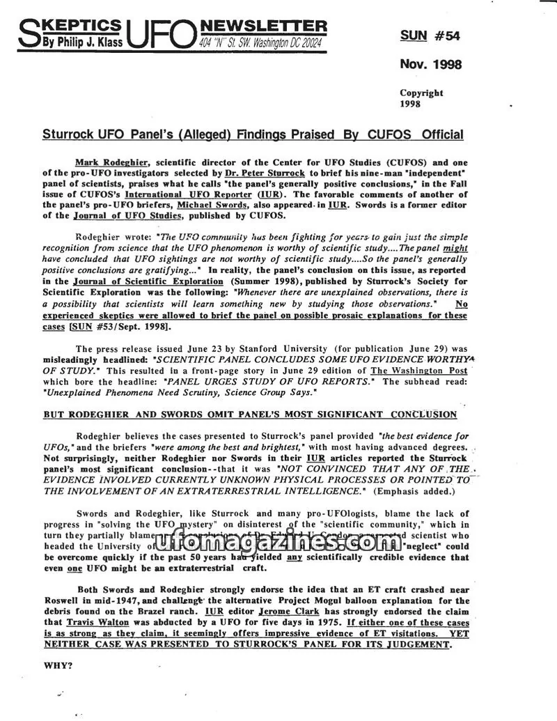 Cover of Skeptic UFO Newsletter (SUN, Philip Klass) issue #54: Skeptics UFO Newsletter