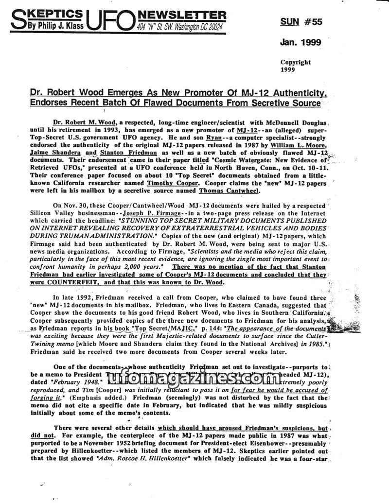Cover of Skeptic UFO Newsletter (SUN, Philip Klass) issue #55: Skeptics UFO Newsletter