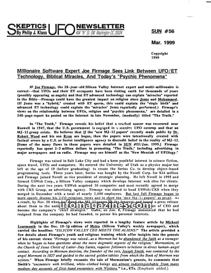 Cover of Skeptic UFO Newsletter (SUN, Philip Klass) issue #56: Skeptics UFO Newsletter
