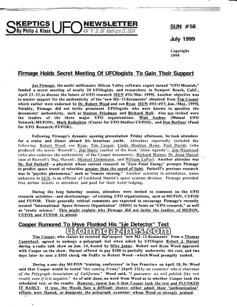 Cover of Skeptic UFO Newsletter (SUN, Philip Klass) issue 58: Skeptics UFO Newsletter