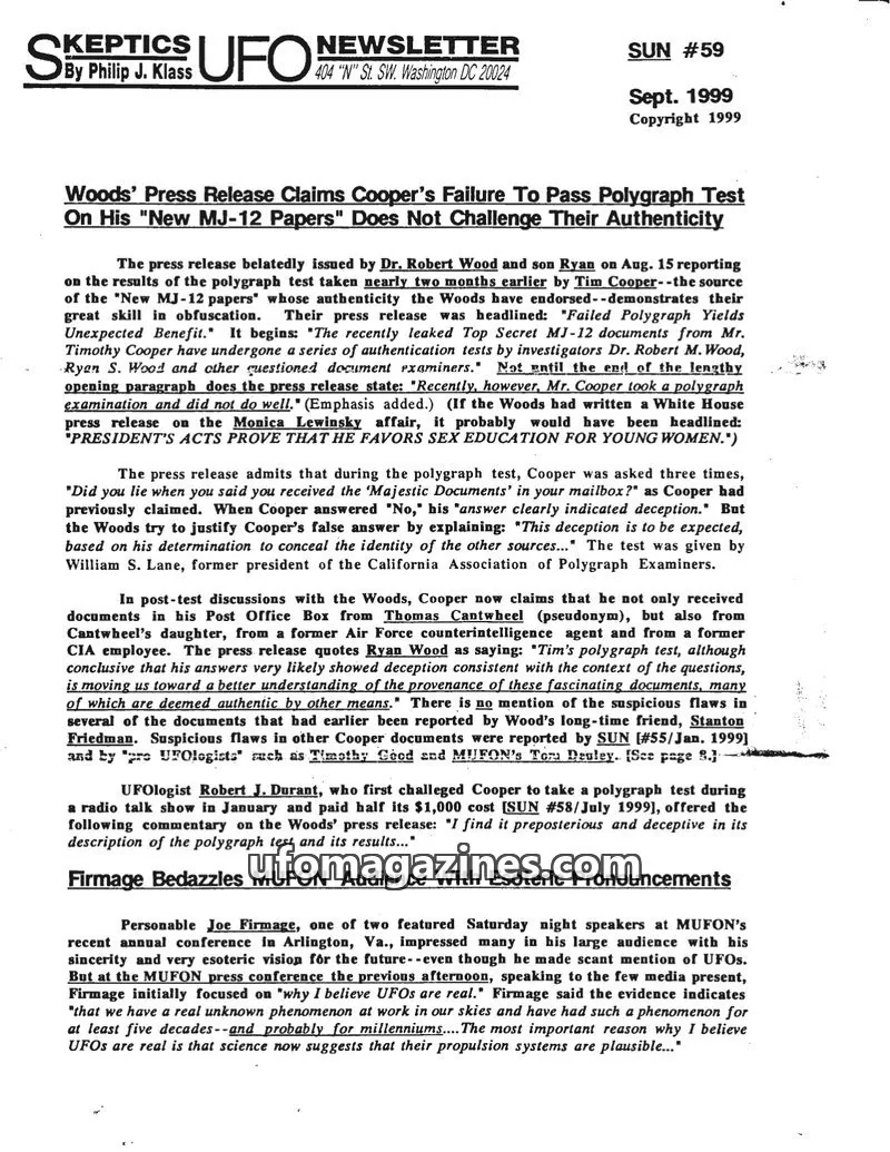 Cover of Skeptic UFO Newsletter (SUN, Philip Klass) issue 59: Skeptics UFO Newsletter