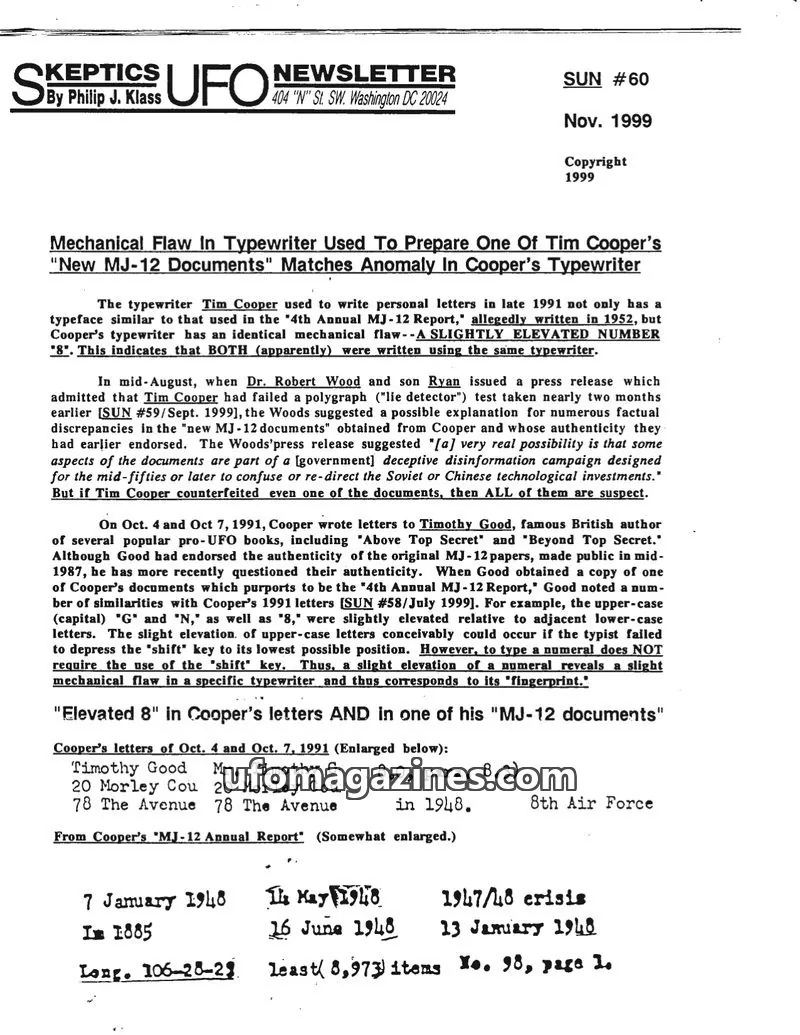 Cover of Skeptic UFO Newsletter (SUN, Philip Klass) issue #60: SKEPTICS UFO NEWSLETTER