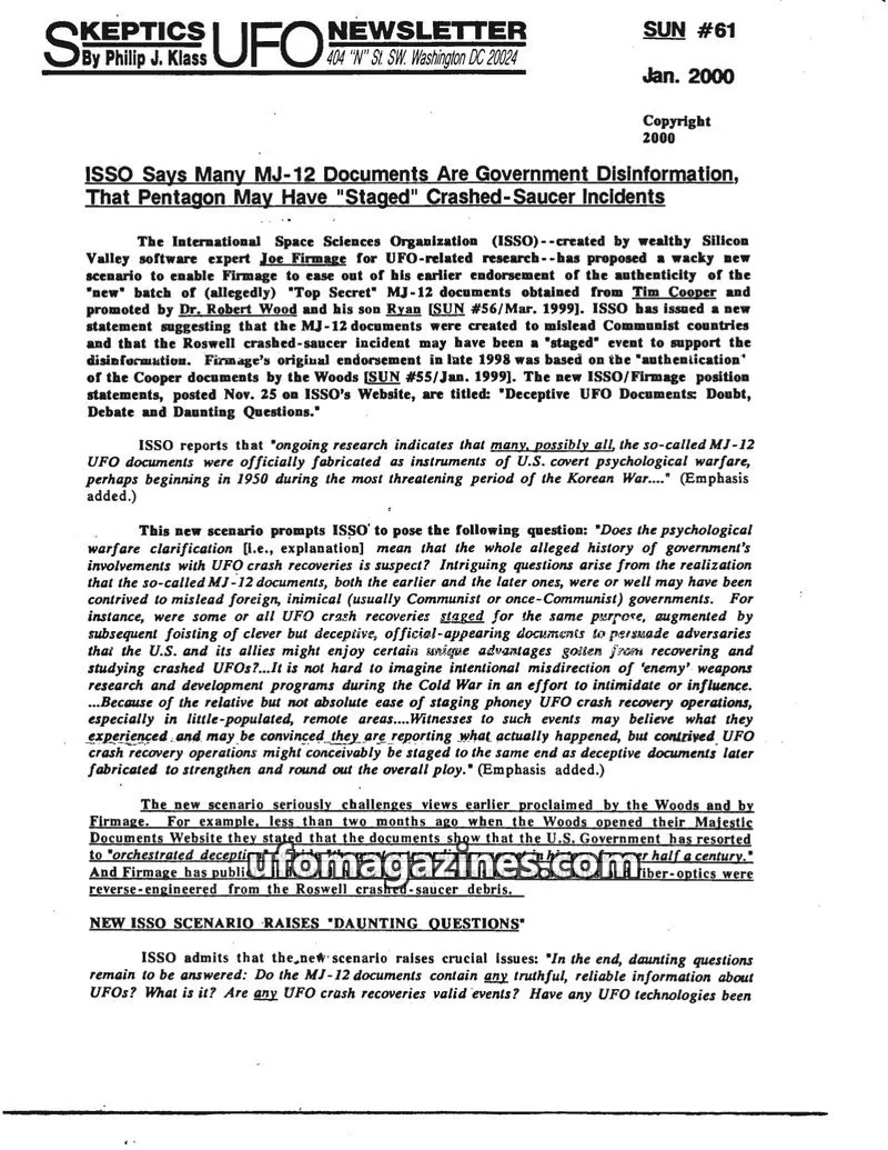Cover of Skeptic UFO Newsletter (SUN, Philip Klass) issue #61: Skeptics UFO Newsletter