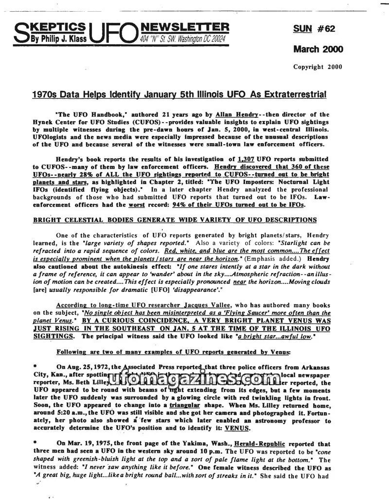 Cover of Skeptic UFO Newsletter (SUN, Philip Klass) issue #62: SKEPTICS UFO NEWSLETTER