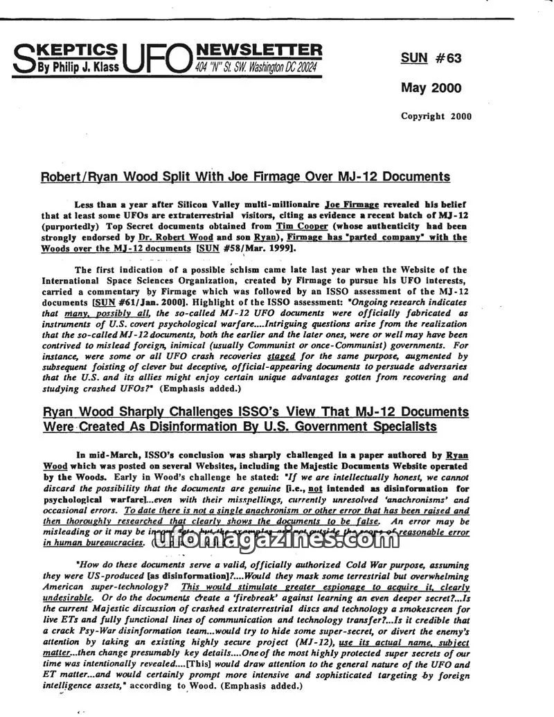 Cover of Skeptic UFO Newsletter (SUN, Philip Klass) issue #63: Skeptics UFO Newsletter