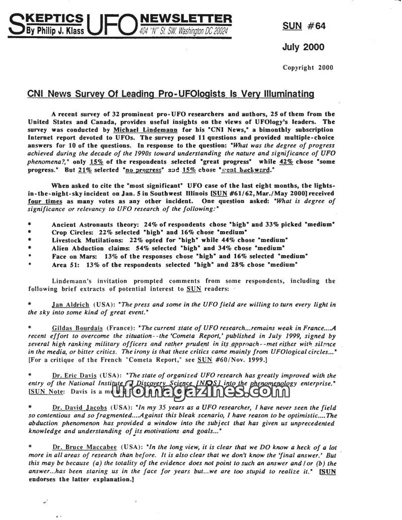 Cover of Skeptic UFO Newsletter (SUN, Philip Klass) issue SUN #64: Skeptics UFO Newsletter