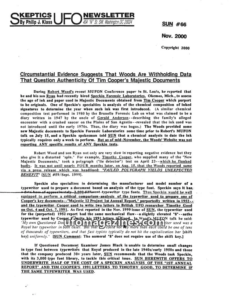 Cover of Skeptic UFO Newsletter (SUN, Philip Klass) issue #66: Skeptics UFO Newsletter