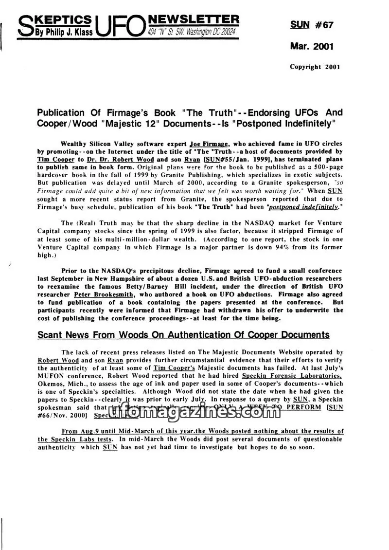 Cover of Skeptic UFO Newsletter (SUN, Philip Klass) issue #67: SKEPTICS UFO NEWSLETTER