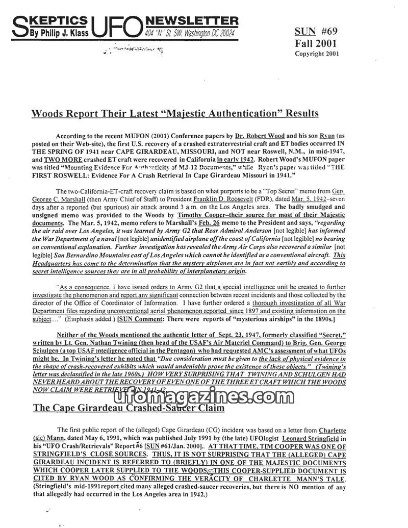 Cover of Skeptic UFO Newsletter (SUN, Philip Klass) issue #69: Skeptics UFO Newsletter