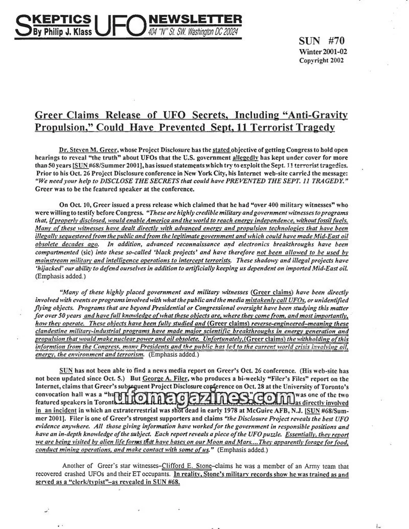 Cover of Skeptic UFO Newsletter (SUN, Philip Klass) issue #70: Skeptics UFO Newsletter
