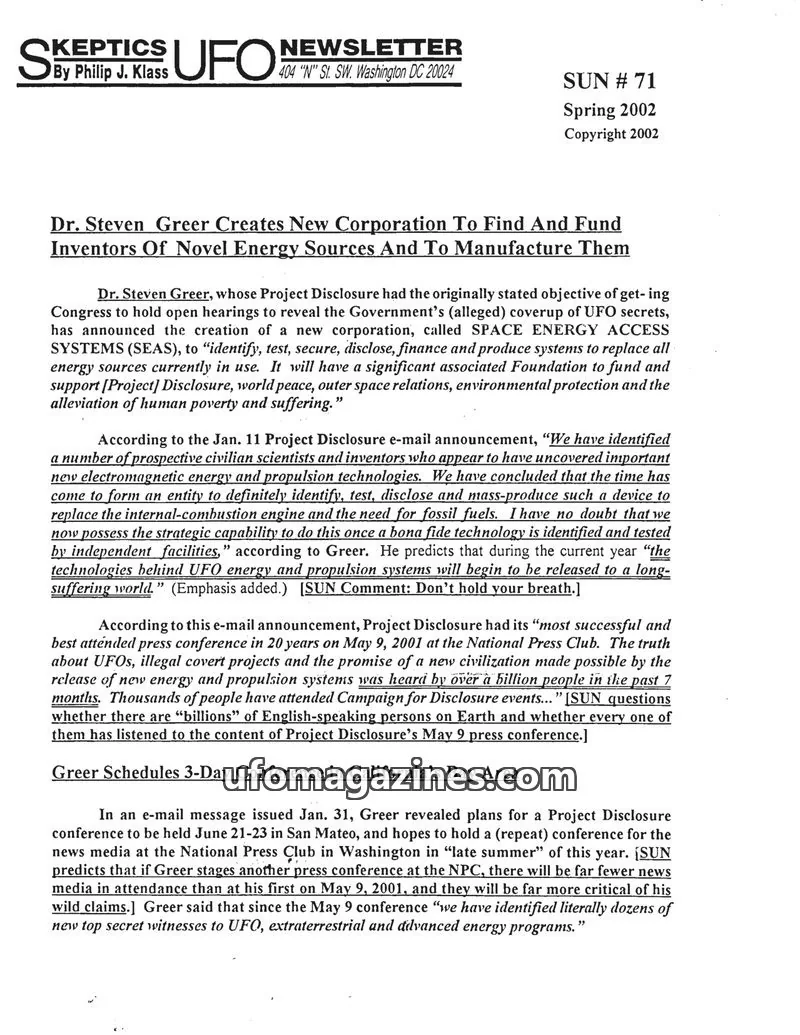 Cover of Skeptic UFO Newsletter (SUN, Philip Klass) issue SUN # 71: SKEPTICS UFO NEWSLETTER