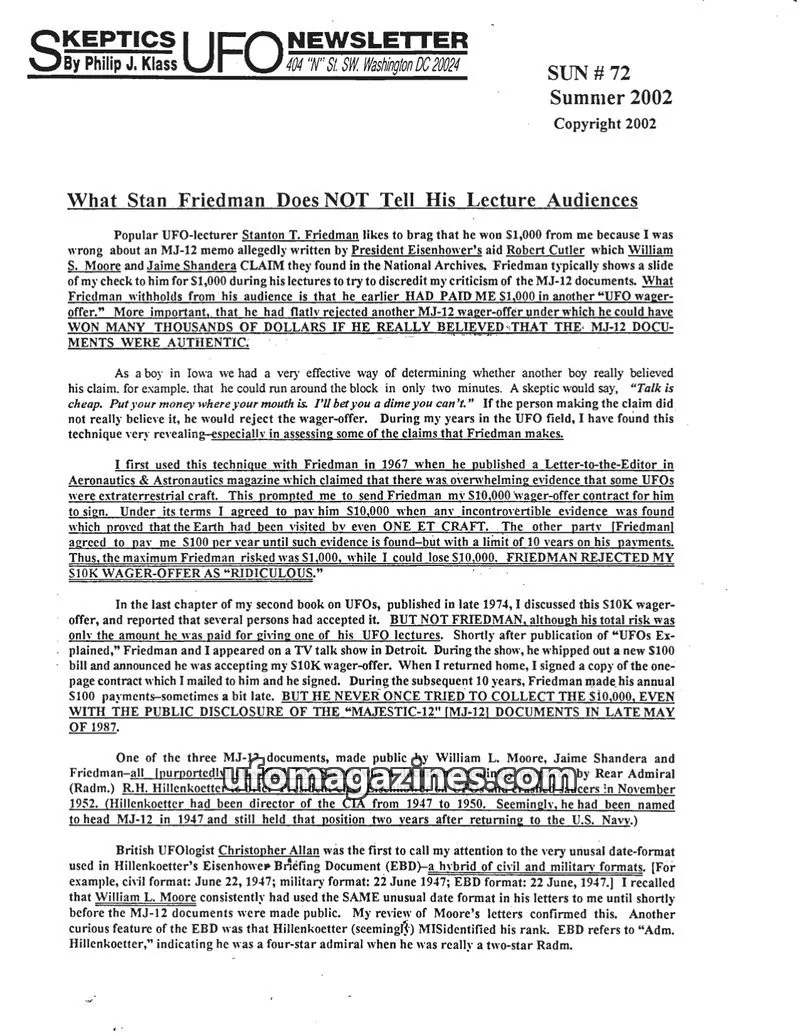 Cover of Skeptic UFO Newsletter (SUN, Philip Klass) issue # 72: Skeptics UFO Newsletter