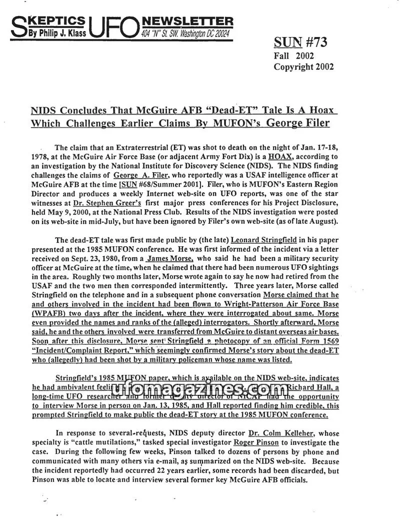 Cover of Skeptic UFO Newsletter (SUN, Philip Klass) issue SUN #73: SKEPTICS UFO NEWSLETTER