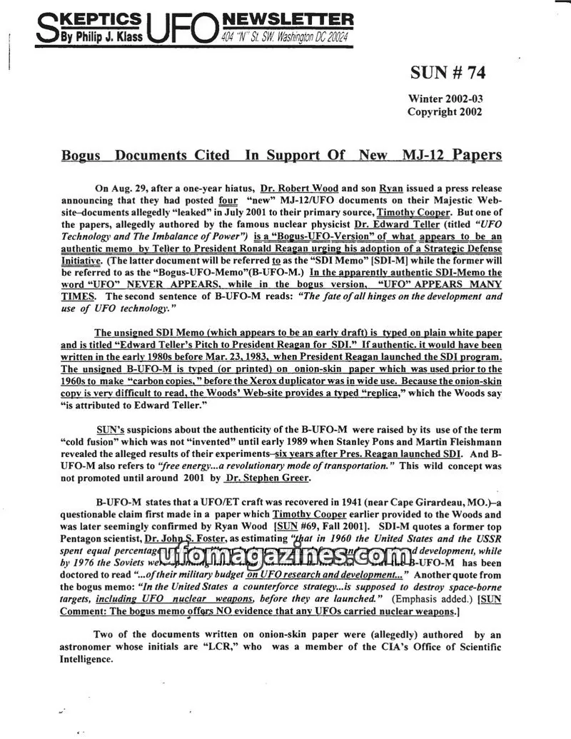 Cover of Skeptic UFO Newsletter (SUN, Philip Klass) issue 74: Skeptics UFO Newsletter