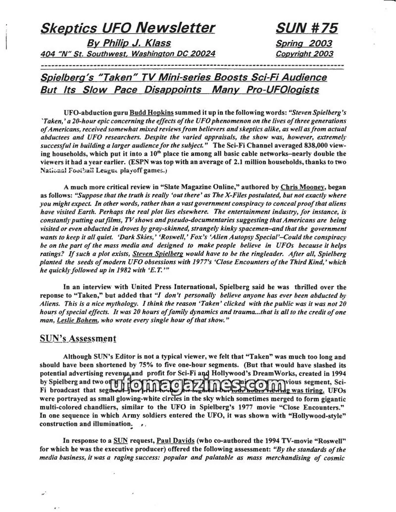 Cover of Skeptic UFO Newsletter (SUN, Philip Klass) issue SUN #75: Skeptics UFO Newsletter