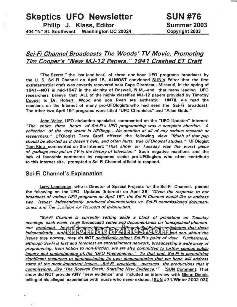 Cover of Skeptic UFO Newsletter (SUN, Philip Klass) issue #76: Skeptics UFO Newsletter