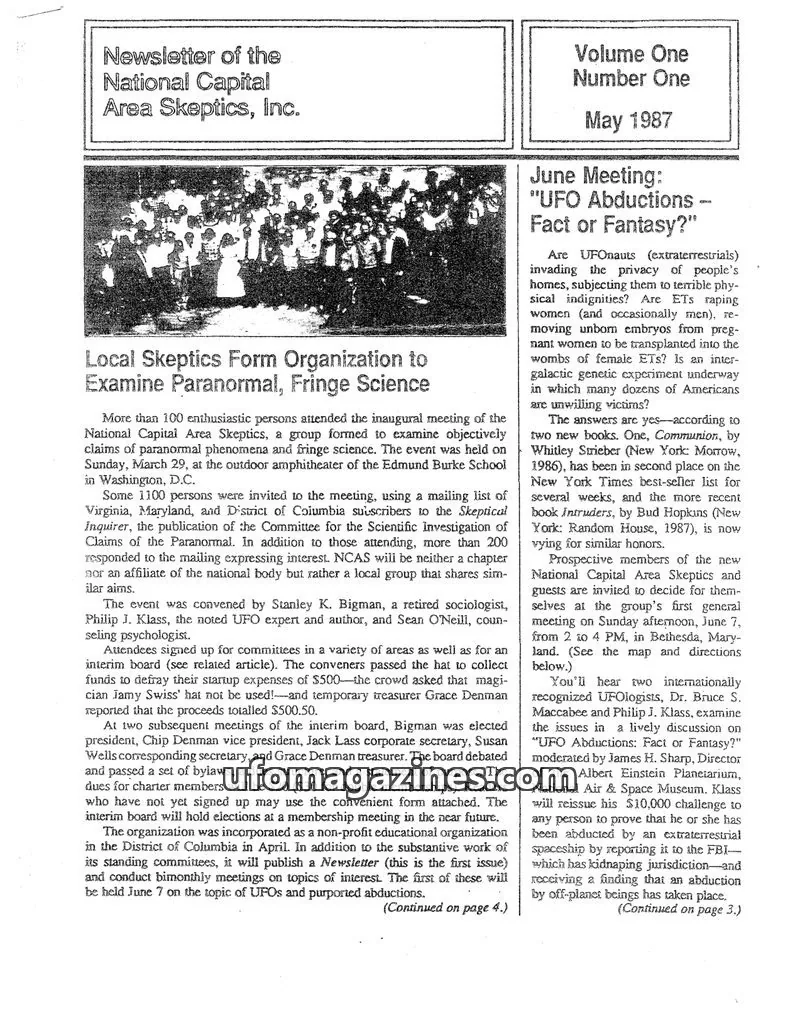Cover of Skeptical Eye (NCAS) issue Volume One, Number One: Newsletter of the National Capital Area Skeptics, Inc.