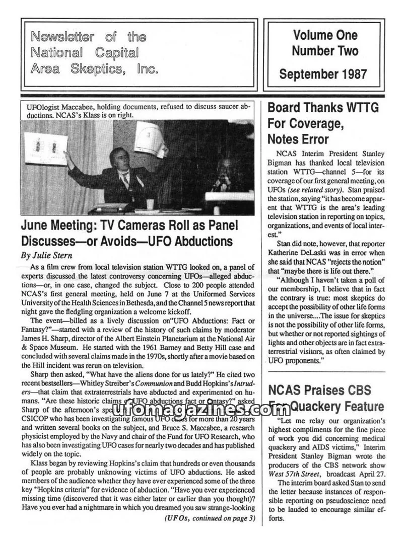 Cover of Skeptical Eye (NCAS) issue Number Two: Newsletter of the National Capital Area Skeptics, Inc.