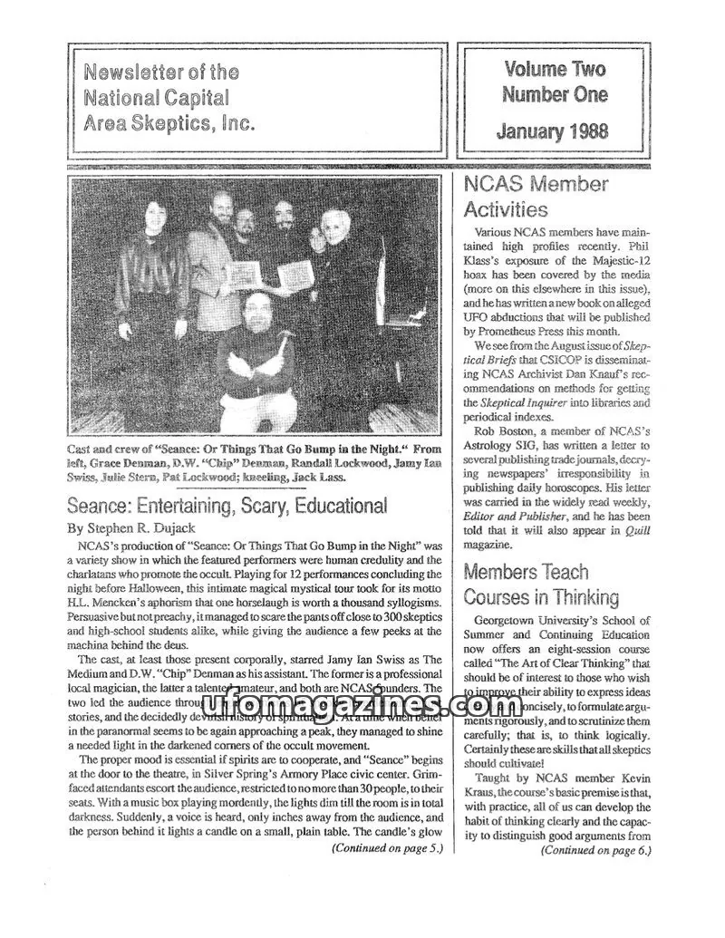 Cover of Skeptical Eye (NCAS) issue Volume Two, Number One: Newsletter of the National Capital Area Skeptics, Inc.