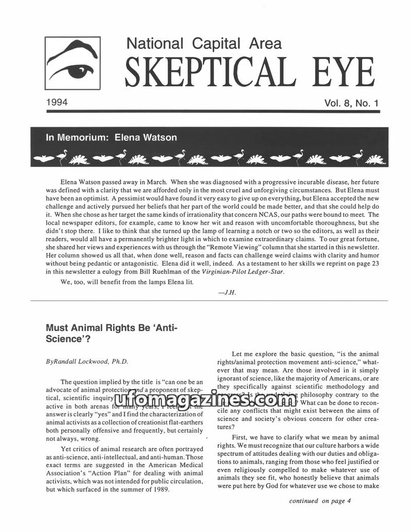 Cover of Skeptical Eye (NCAS) issue Vol. 8, No. 1: National Capital Area SKEPTICAL EYE