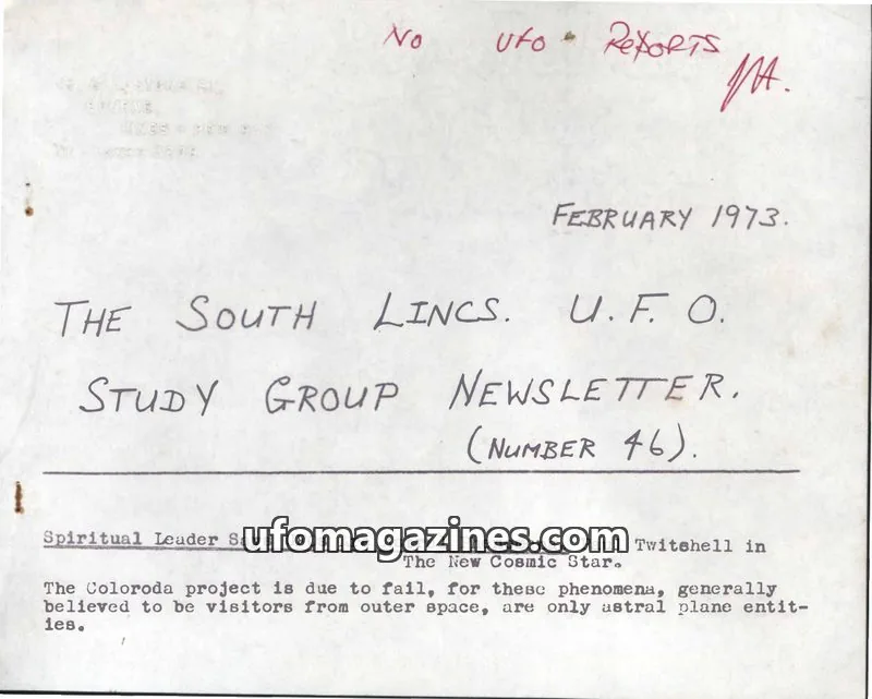 Cover of South Lincs UFO Study Group issue 46: THE SOUTH LINCS. U.F.O. STUDY GROUP NEWSLETTER