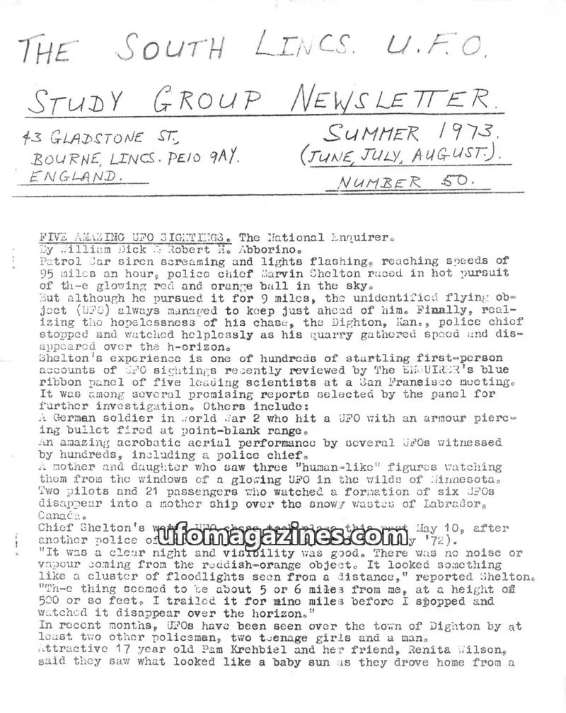 Cover of South Lincs UFO Study Group issue 50: THE SOUTH LINCS. U.F.O. STUDY GROUP NEWSLETTER