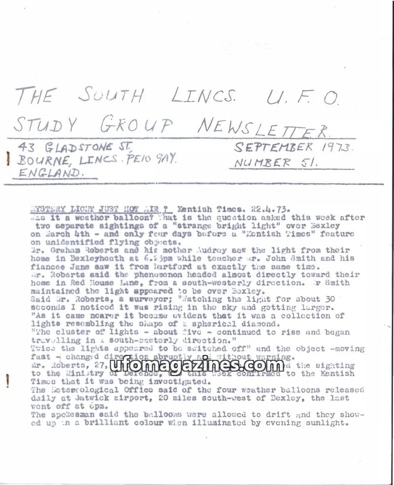 Cover of THE SOUTH LINCS. U. F. O. STUDY GROUP issue 51: THE SOUTH LINCS. U. F. O. STUDY GROUP NEWSLETTER