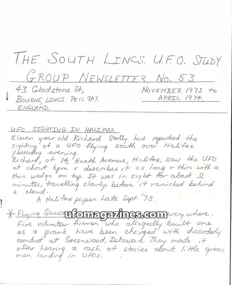 Cover of The South Lincs. U.F.O. Study Group issue No. 53: THE SOUTH LINCS. U.F.O. STUDY GROUP NEWSLETTER
