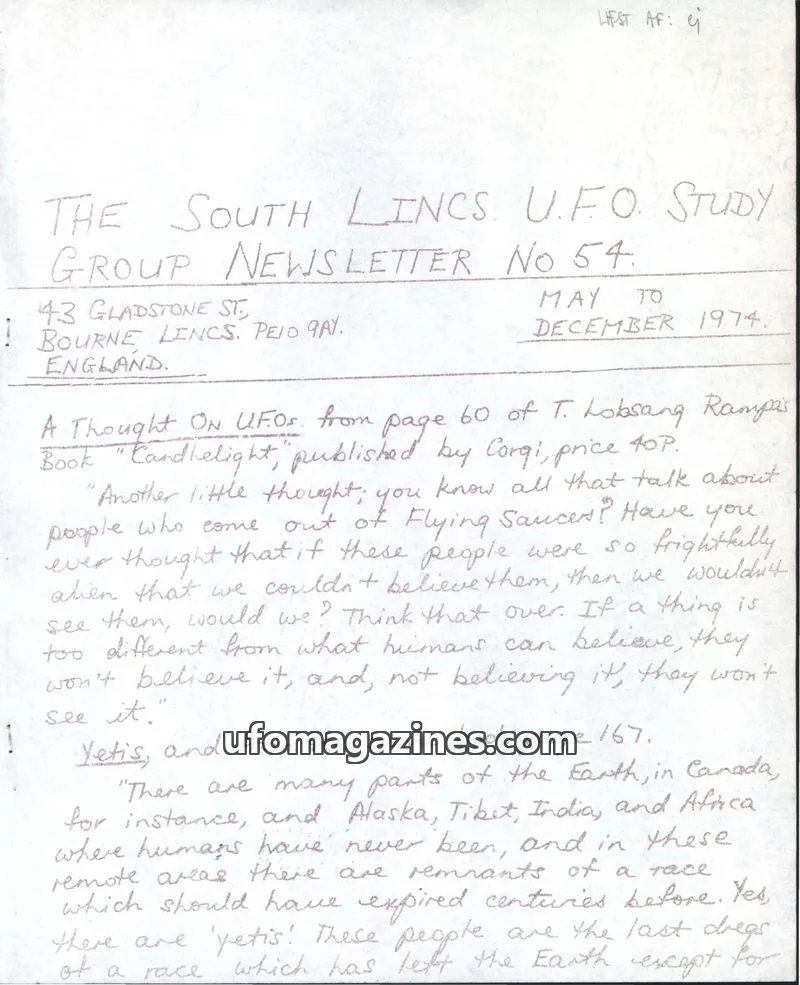 Cover of South Lincs UFO Study Group issue No 54: THE SOUTH LINCS. U.F.O. STUDY GROUP NEWSLETTER