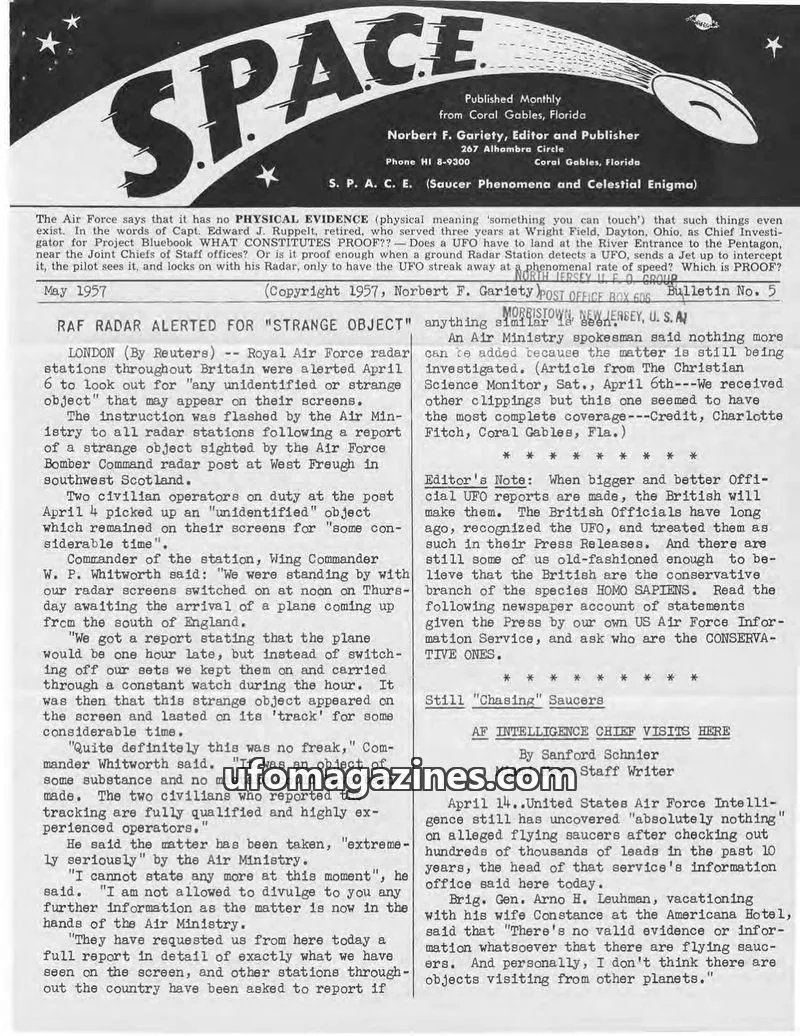 Cover of SPACE (Norbert Gariety) issue May 1957: S. P. A. C. E.