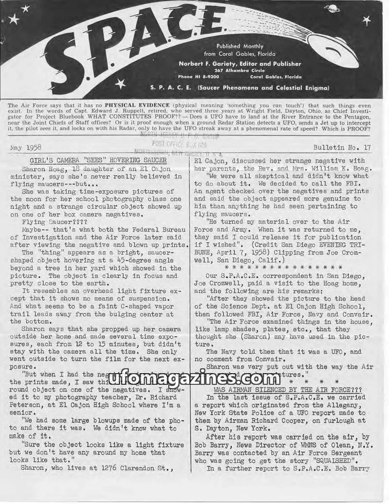 Cover of SPACE (Norbert Gariety) issue Bulletin No. 17: S. P. A. C. E. (Saucer Phenomena and Celestial Enigma)