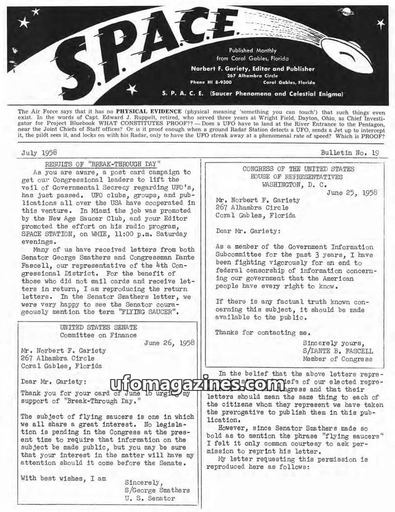 Cover of SPACE (Norbert Gariety) issue July 1958: S.P.A.C.E.