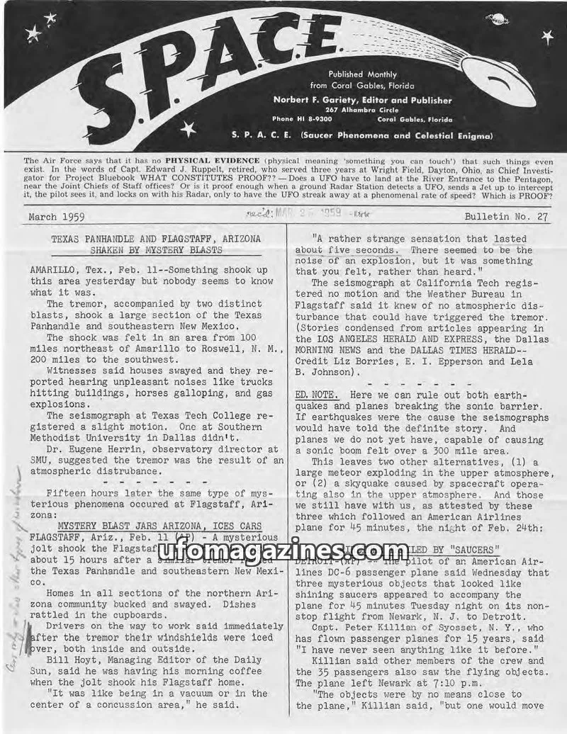 Cover of SPACE (Norbert Gariety) issue Bulletin No. 27: S. P. A. C. E. (Saucer Phenomena and Celestial Enigma)