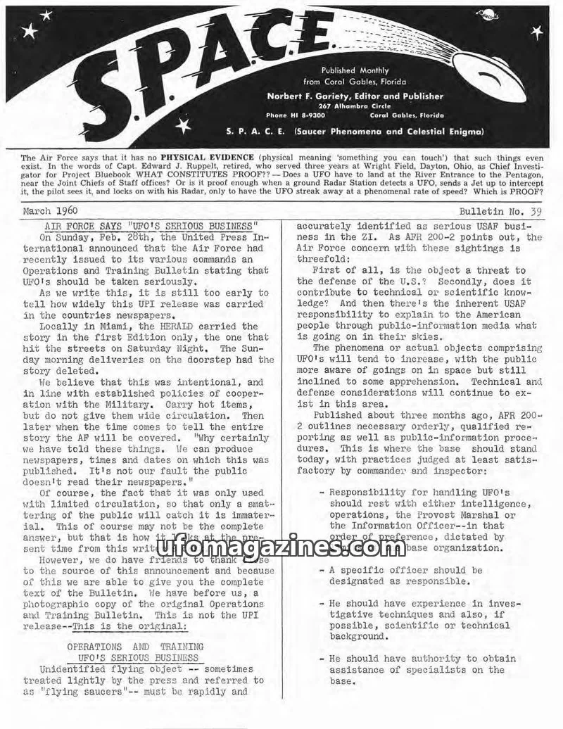 Cover of SPACE (Norbert Gariety) issue March 1960: S. P. A. C. E. (Saucer Phenomena and Celestial Enigma)