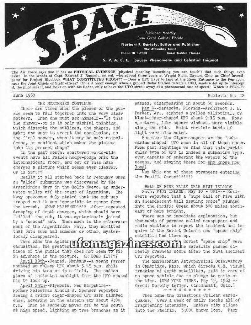 Cover of SPACE (Norbert Gariety) issue June 1960: S. P. A. C. E. (Saucer Phenomena and Celestial Enigma)