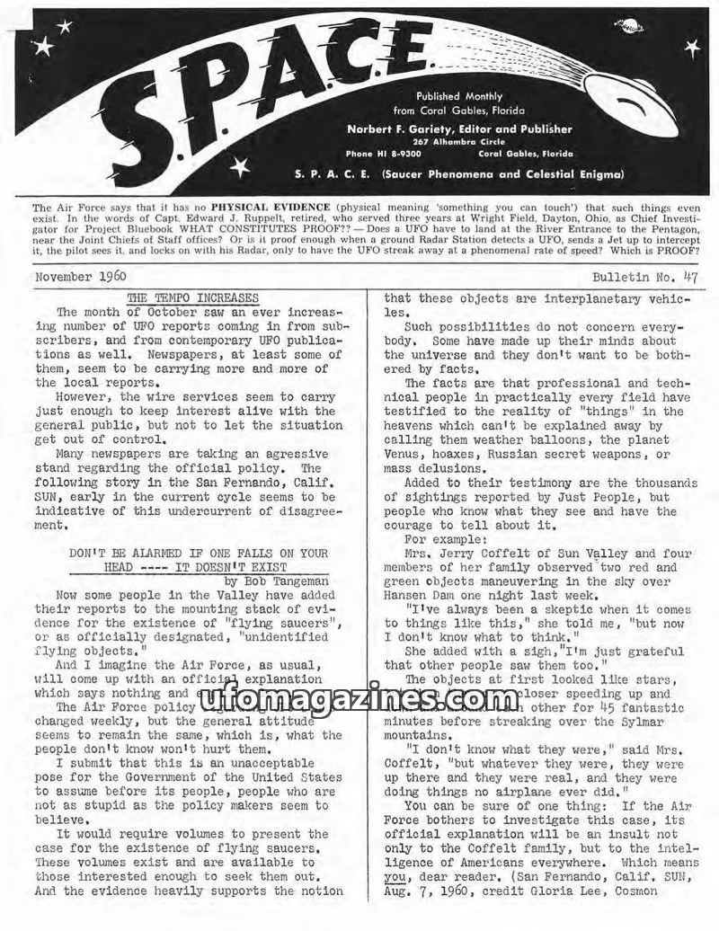 Cover of SPACE (Norbert Gariety) issue November 1960: S. P. A. C. E. (Saucer Phenomena and Celestial Enigma)