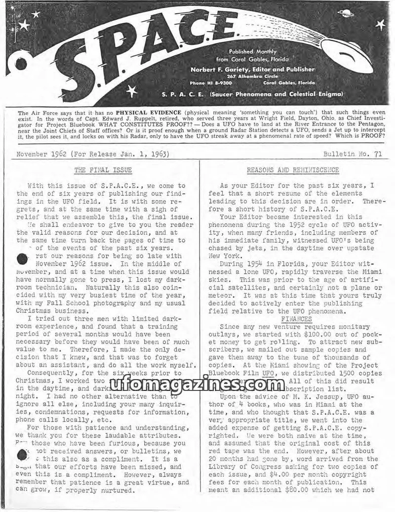 Cover of SPACE (Norbert Gariety) issue November 1962: S. P. A. C. E. (Saucer Phenomena and Celestial Enigma)
