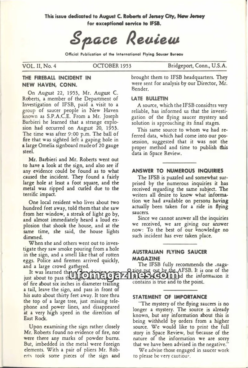 Cover of International Flying Saucer Bureau issue VOL. II, No. 4: Space Review