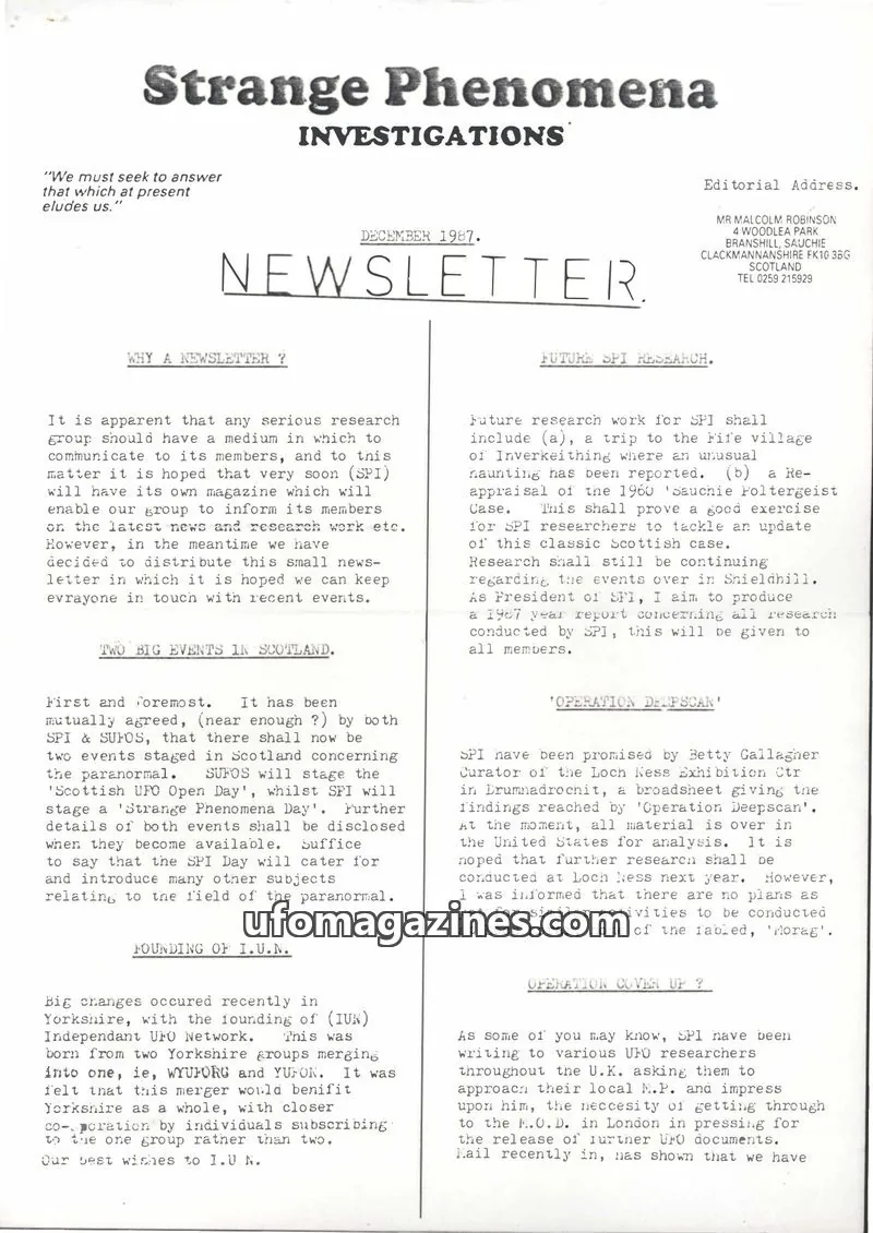 Cover of SPI Newsletter issue DECEMBER 1987: Strange Phenomena Investigations